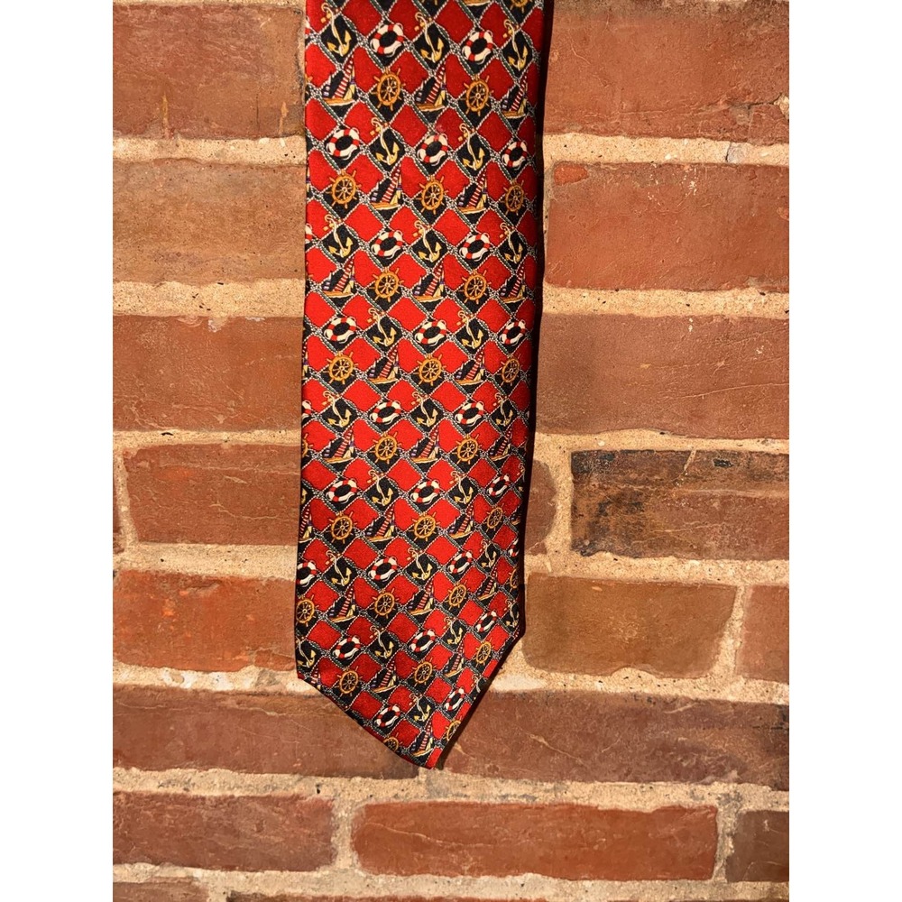 Museum Piece Red Nautical Anchor Sailboat Life Ring Ship‎ Wheel Silk Tie